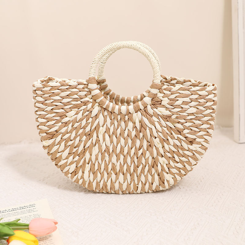 Niche Semicircle Portable Straw Weaved Bag Retro Color Hand Carrying Straw Bag Woven Bag Women Seaside Vacation Beach Bag