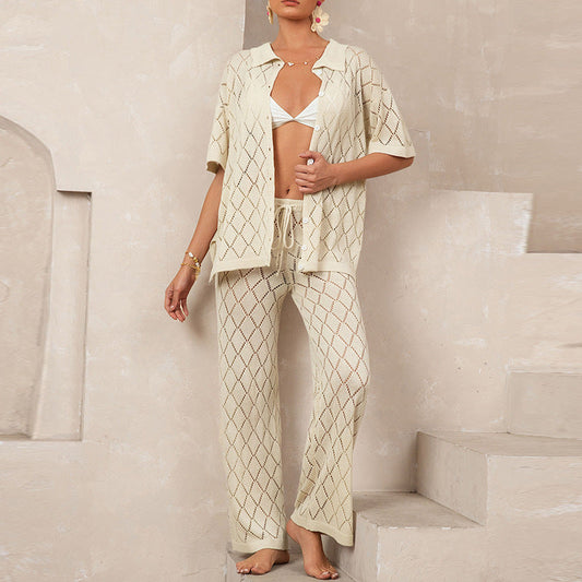 Beach Short Sleeved Shirt Trousers Hollow Out Cutout out See through Casual Knitted Vacation Elegant Sun Protective Blouse Two Piece Sets