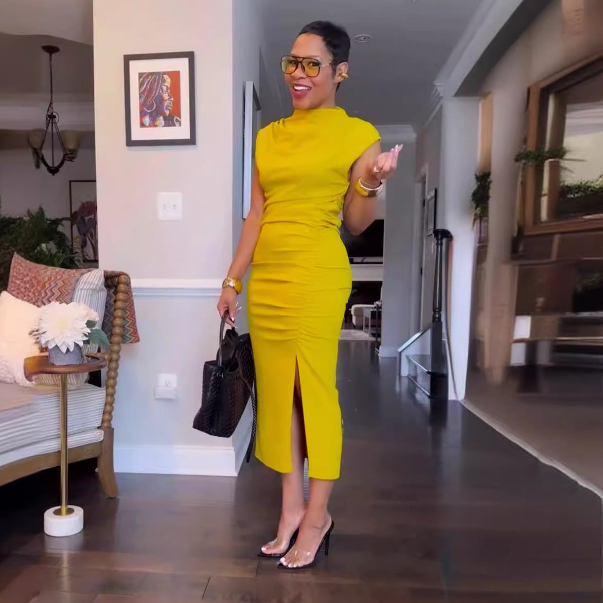 Women Clothing Solid Color Slim Fit Sheath Slit Mid Length Dress