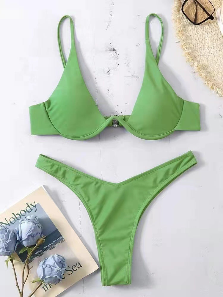 Sexy Bikini Split Gathering Steel Bracket Solid Color Swimsuit Women