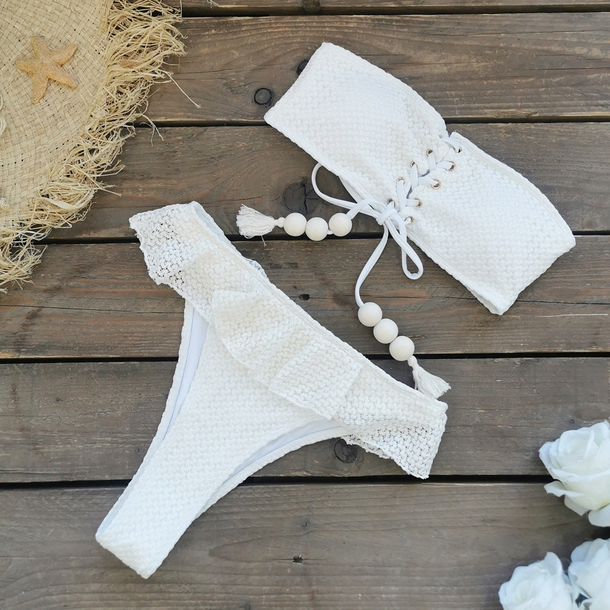 Women Tube Top High Waist with Straps Split Swimsuit Ruffled Solid Color Thread Bikini