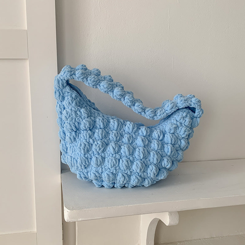 Cute Portable Beanie Straw Bag Handmade Crocheted Solid Color Hand Carrying Woven Bag Women Seaside Vacation Beach Bag