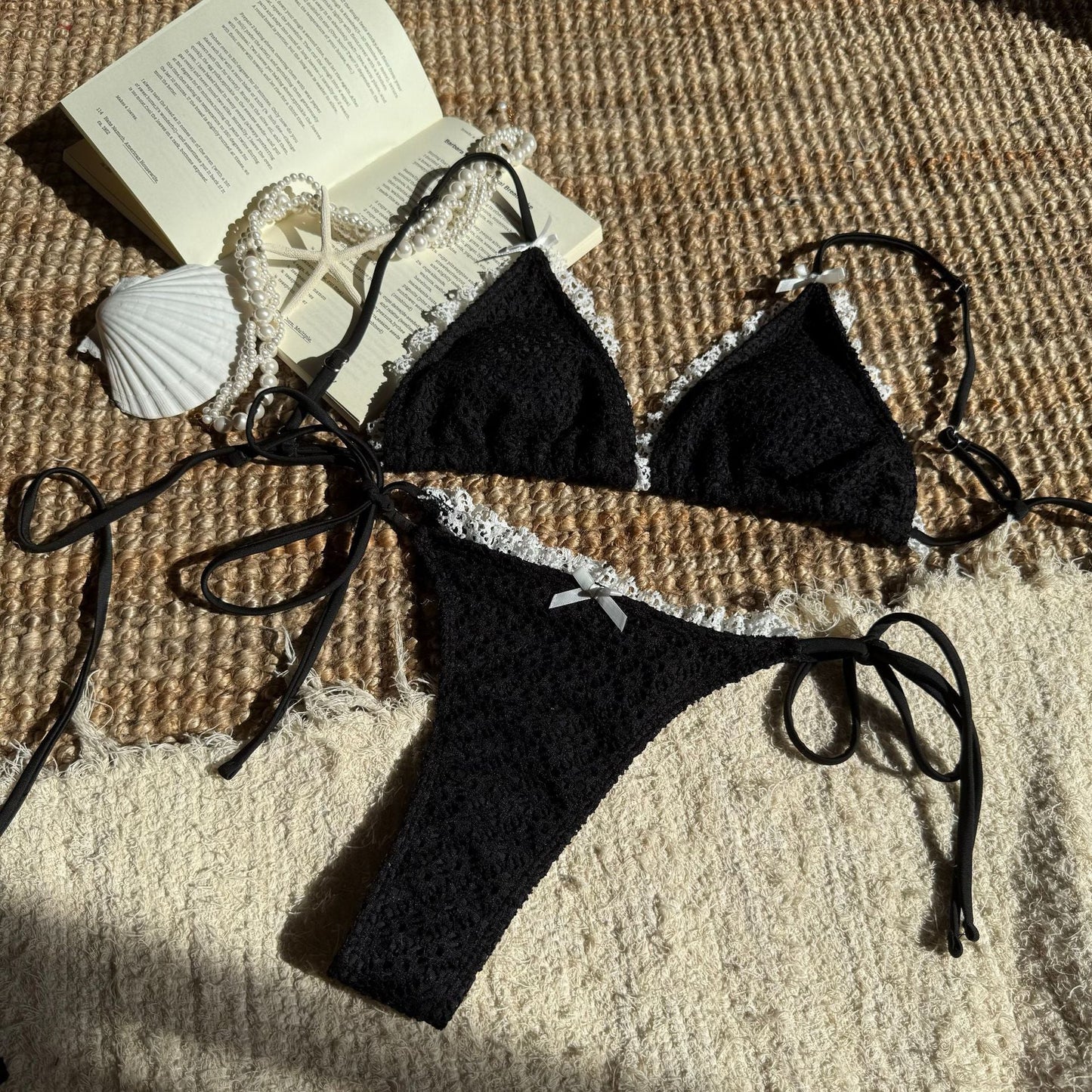 Contrast Color Bow Flounce Trim Lace up Sexy Backless Split Swimsuit Bikini