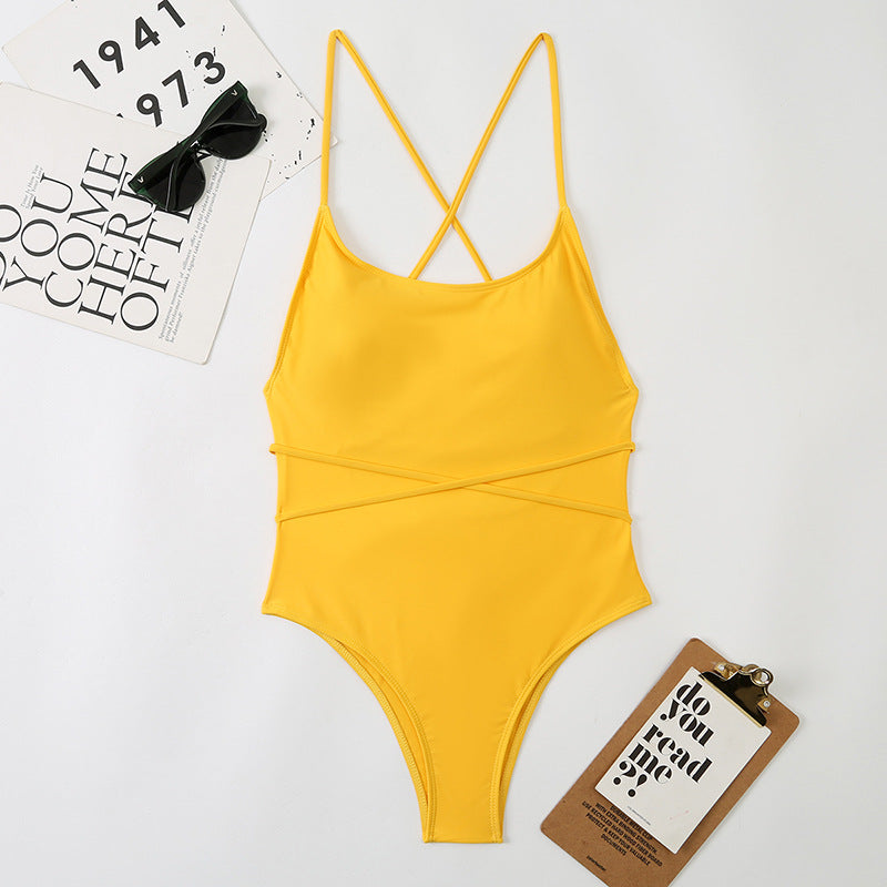 Sexy One Piece Nylon Multicolor Bikini Solid Color Tied Open Back Swimsuit Swimsuit