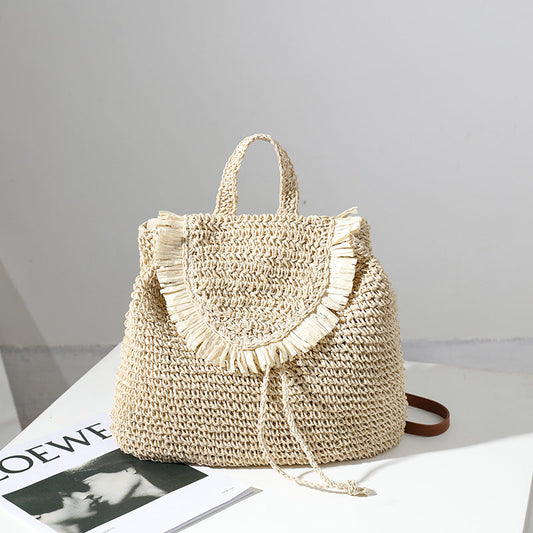 Sac à dos en paille style Mori, sac décontracté en paille à pompon, sac tissé pour femme, même sac de plage pour vacances en bord de mer 