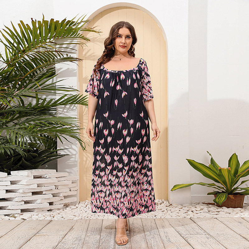 Robe longue ample à manches courtes et imprimé floral pour femme grande taille
