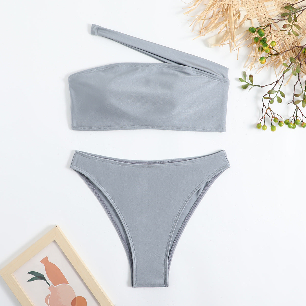 Swimsuit Women Bikini Solid Color Swimsuit Women Single Shoulder Sloping Shoulder Tube Top Bikini