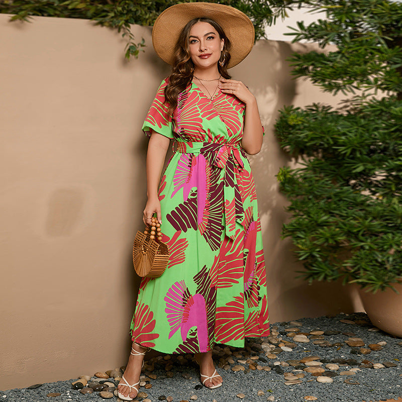 Plus Size Dress Summer Art Painted Floral Elastic Waist Short Sleeve Dress