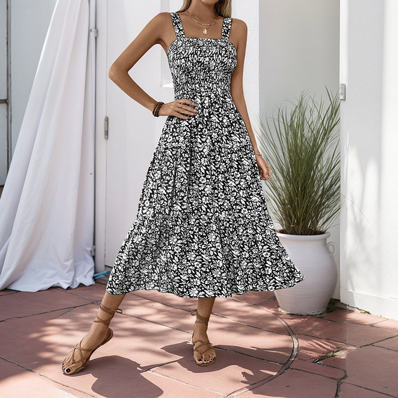 Summer Printed Suspender Sweet Floral Backless Dress