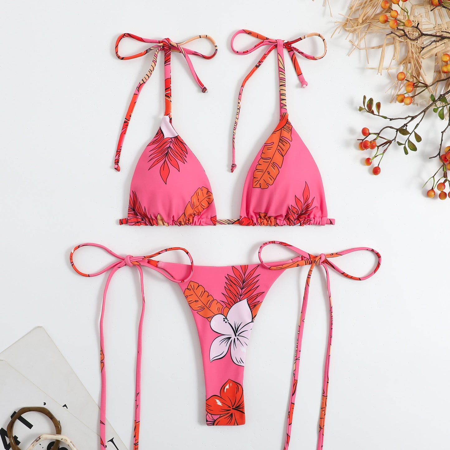 Lady Sexy Triangle Bikini Lace Up Duplex Printing Split Swimsuit Swimwear