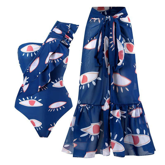 One Piece Swimsuit Women Skinny Slimming Retro Tied Swimsuit Suit Chiffon Dress