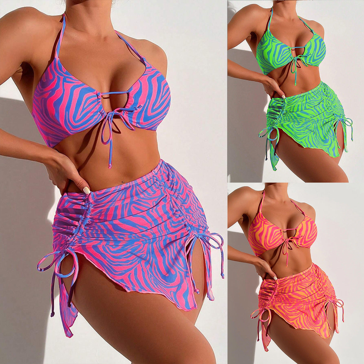 Swimsuit Women Striped Split Three Piece Printed Bikini Bikini Swimsuit