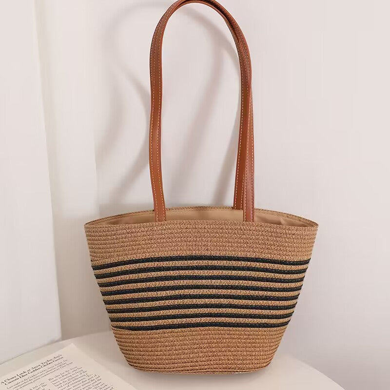 Striped Shoulder Straw Bag Woven Bag Summer Large Capacity Casual All Match Women Seaside Beach Rattan Woven Bag