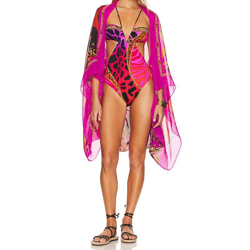 Printed Mesh One Piece Two Piece Set Women Outer Swimming Mesh Floral Print One Piece Bikini
