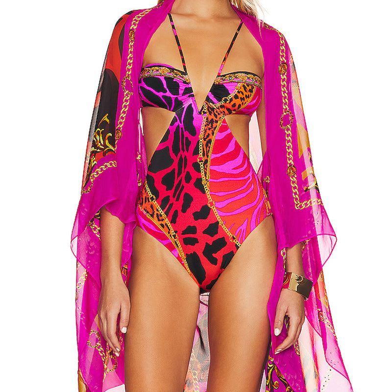 Printed Mesh One Piece Two Piece Set Women Outer Swimming Mesh Floral Print One Piece Bikini