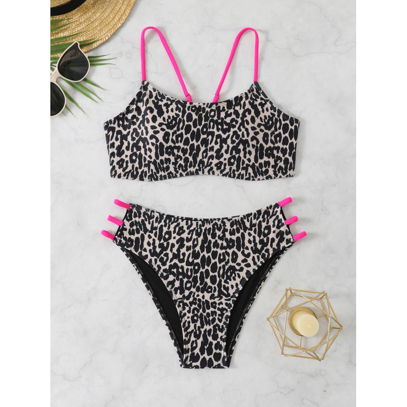 Split Swimsuit Leopard Print Simple Bikini Women Sexy Beach Swimsuit with Chest Pad