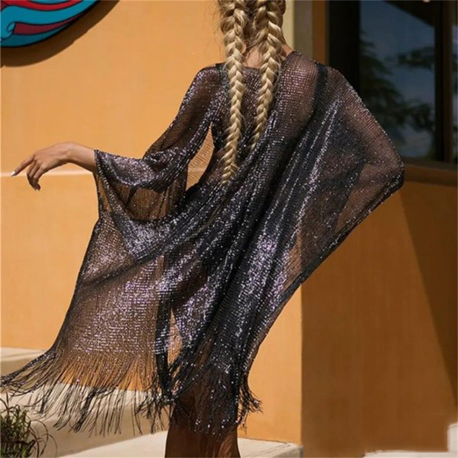 Beach Solid Color Sun Proof Tassel Knitting Beach Cover Up Sweater Shawl Cardigan