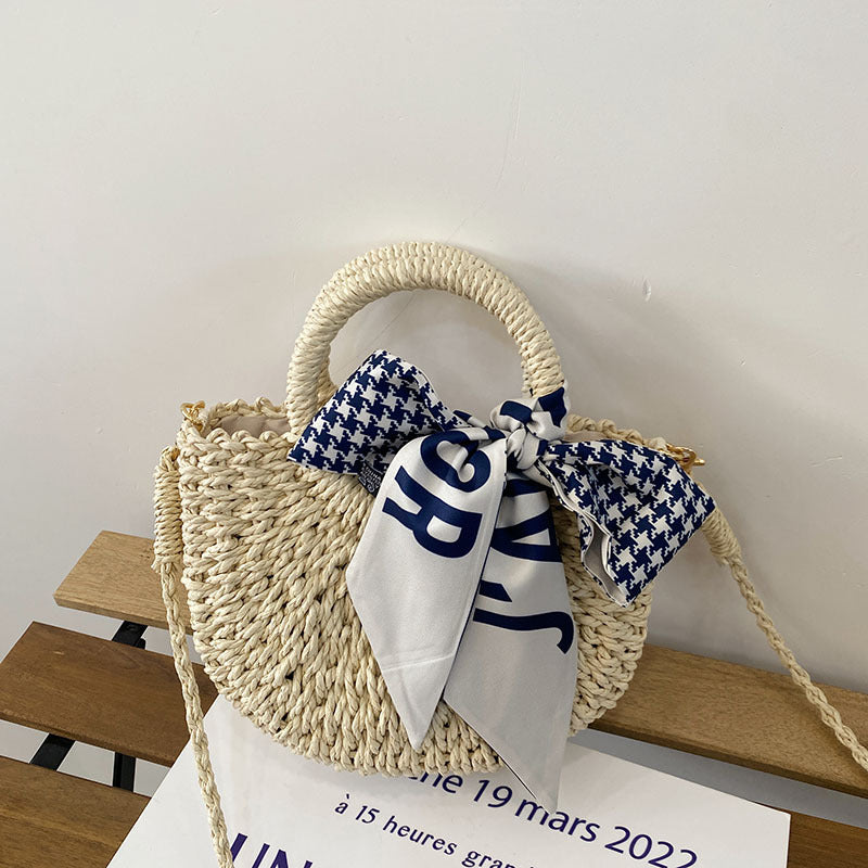 Cute Crossbody Straw Bag Plaid Scarf Portable Straw Bag Woven Bag Vacation Beach Bag Mori Women Bag