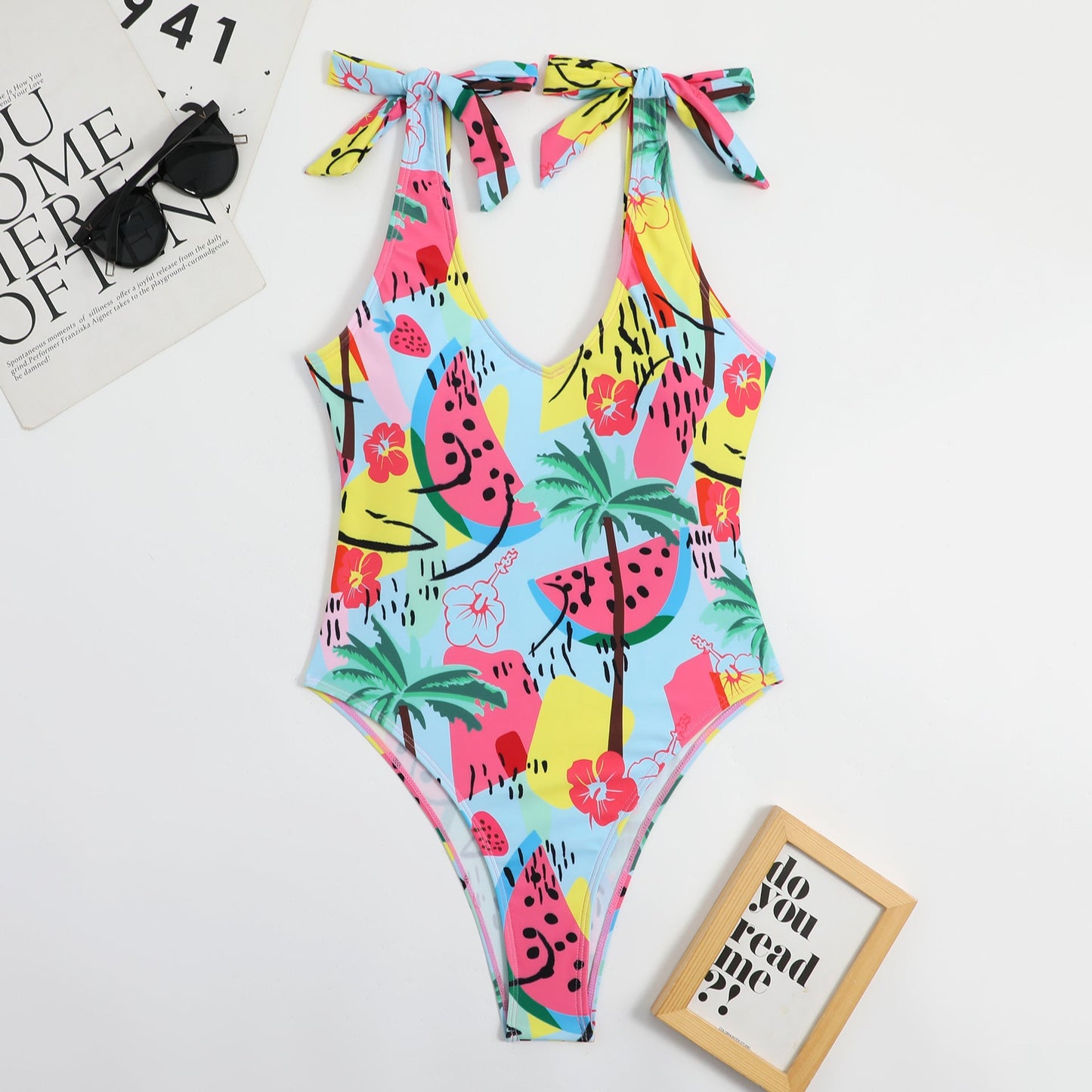 Multi Color Printed Heart Collar Bow Ladies Triangle One Piece Beauty Back Sexy Swimsuit Bikini