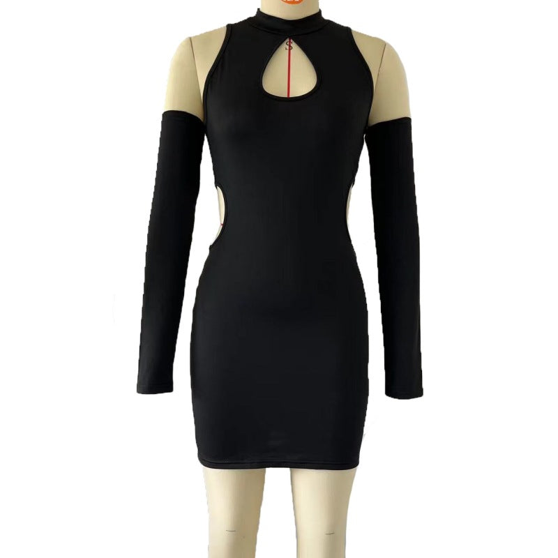 Autumn Winter Solid Color Sexy Cutout off Shoulder Halter Skinny Sheath Dress for Women