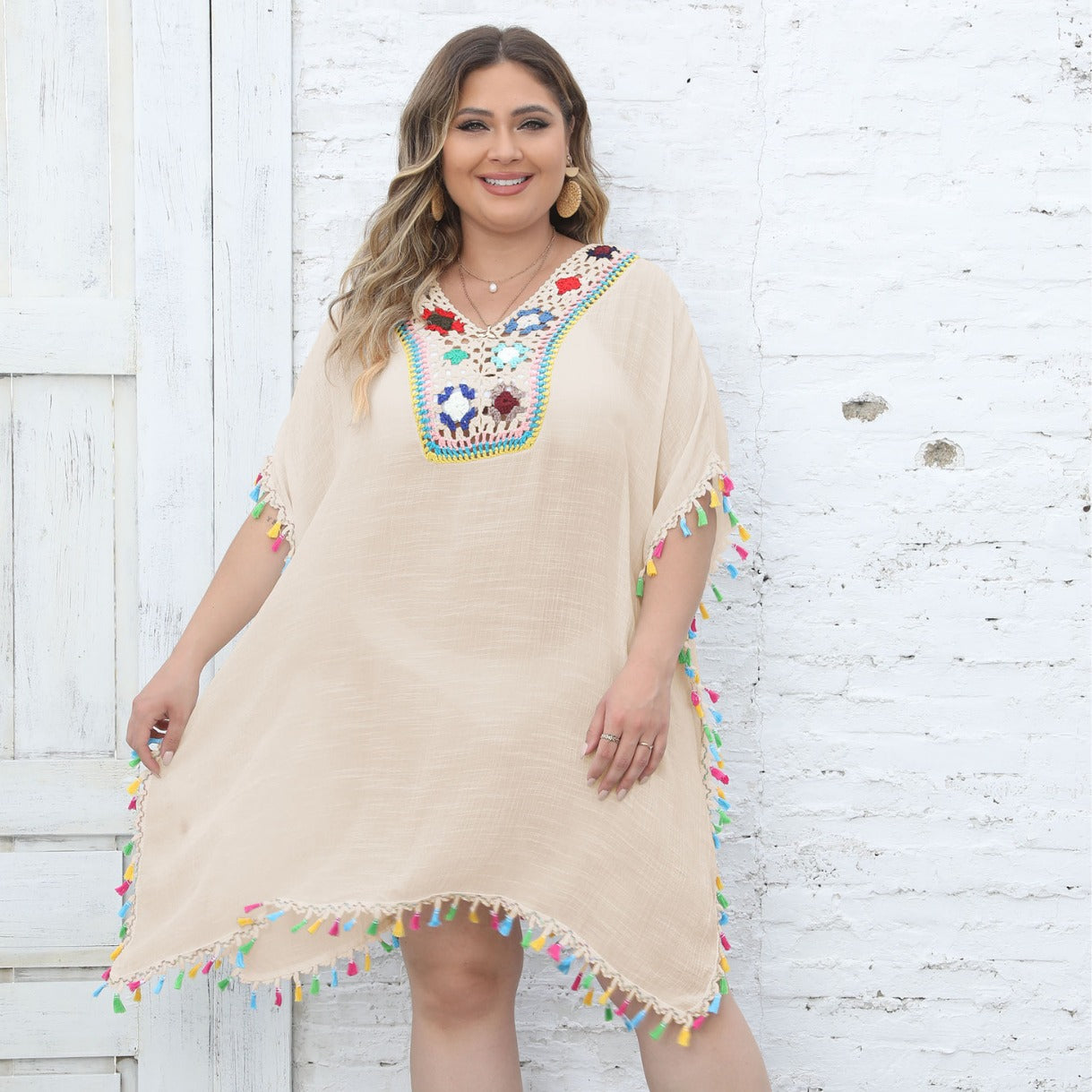 Beach Dress for Ladies Vacation Sun Protection Crochet Stitching Dress Split V neck Blouse