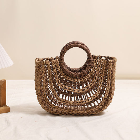 Hollowed out Semicircle Portable Straw Weaved Bag Round Handle Contrast Color Straw Bag Woven Bag Women Seaside Vacation Beach Bag