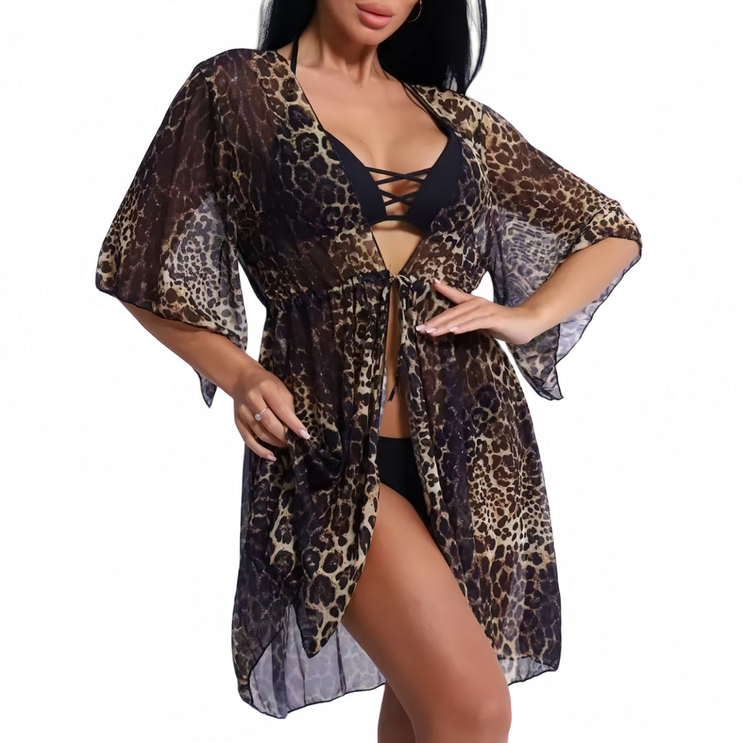 Bikini Three Piece Set Printed Mesh Swimsuit Women Short Sleeve Sunscreen Swimwear