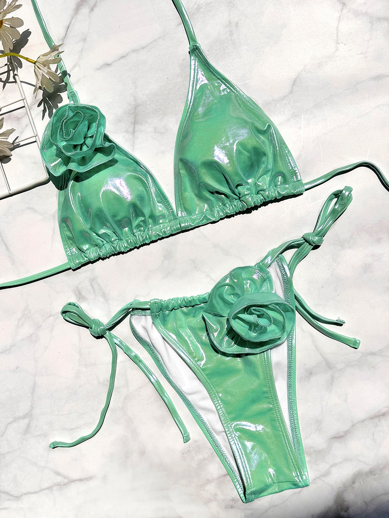 Bronzed Fabric Split Bikini Three Dimensional Floral Sexy Hanging Triangle Bag Swimsuit