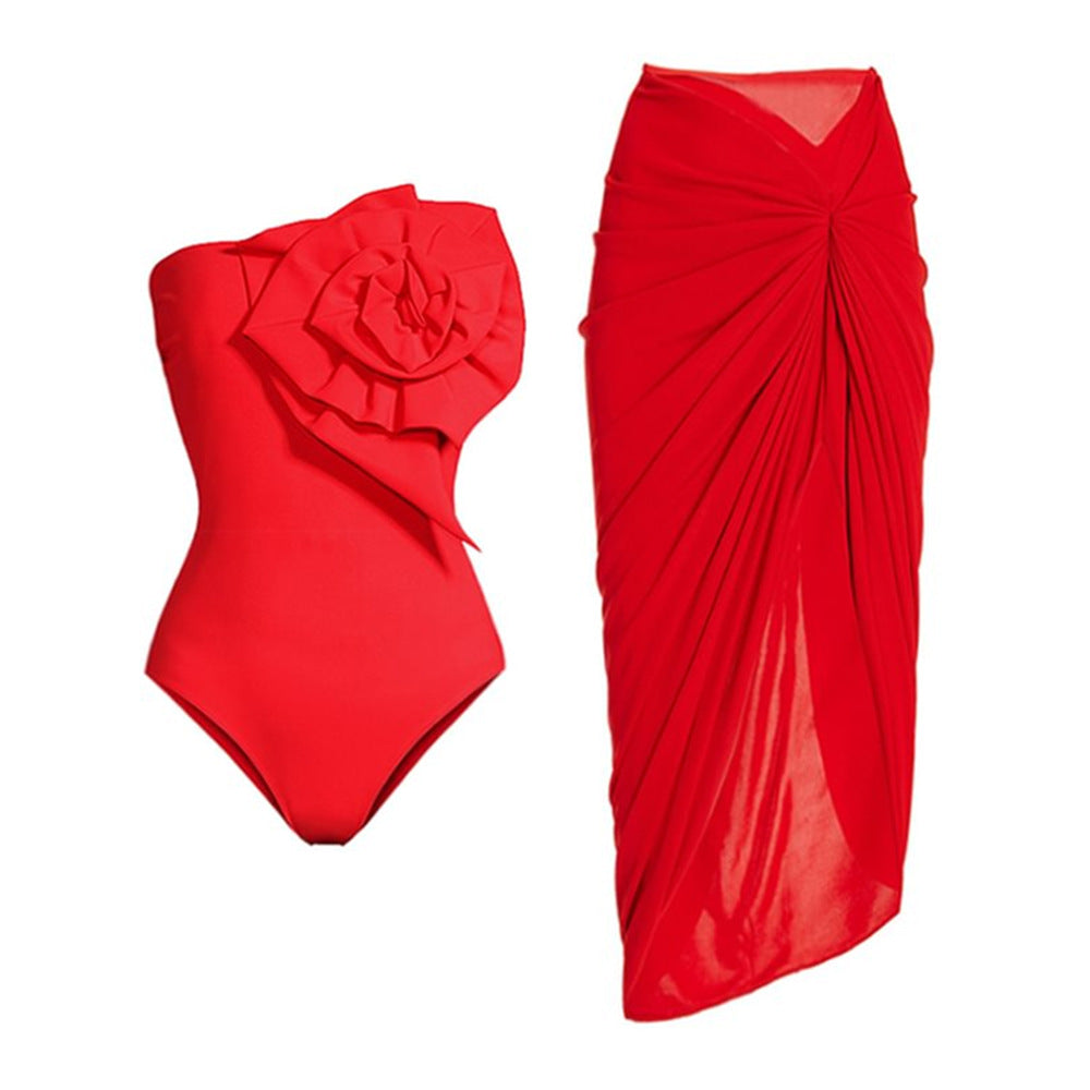 Three Dimensional Floral One Piece Swimsuit Women Vacation Suit Skirt Swimsuit