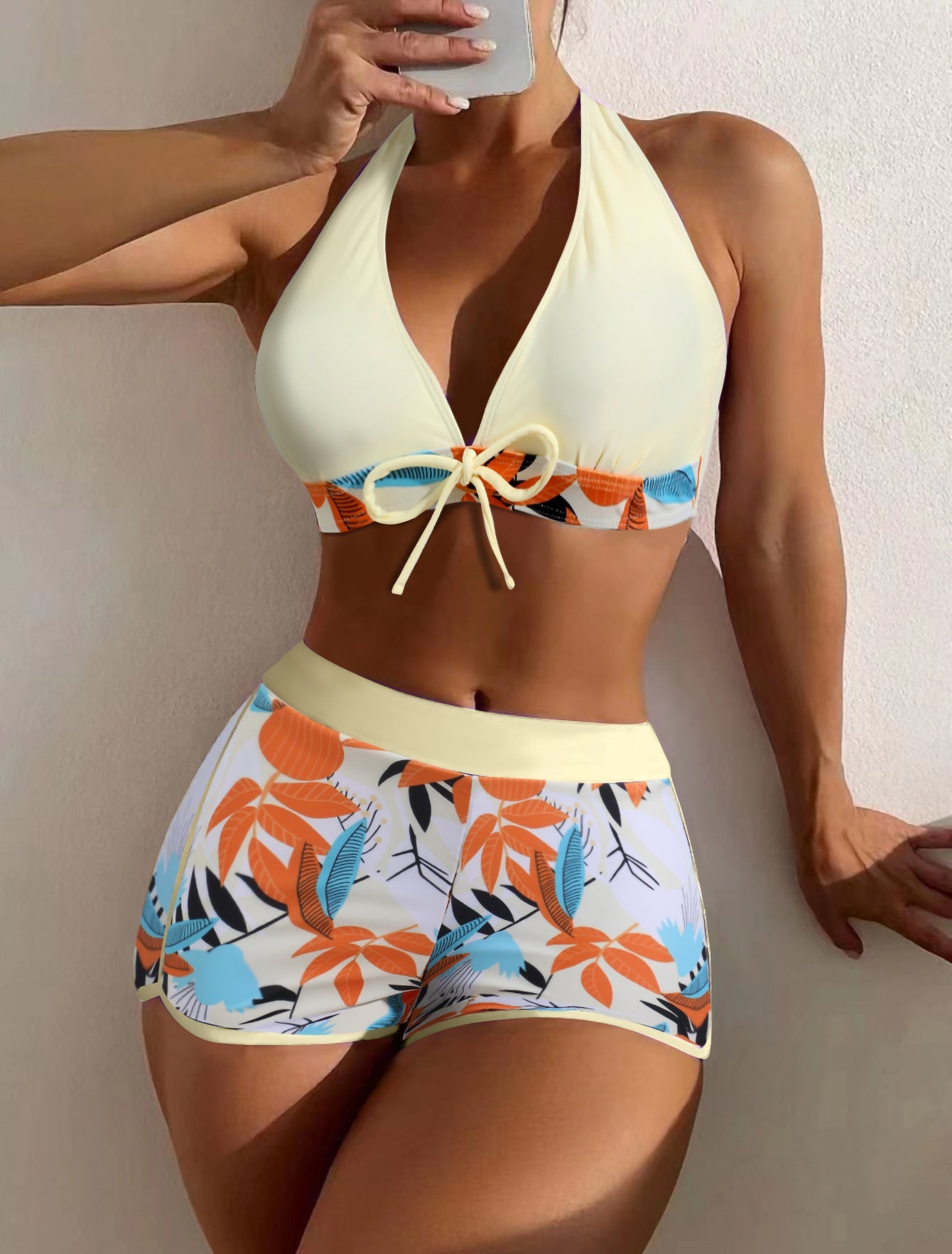 Swimsuit Women Split High Waist Boxer Lace Printing Solid Color Stitching Swimsuit