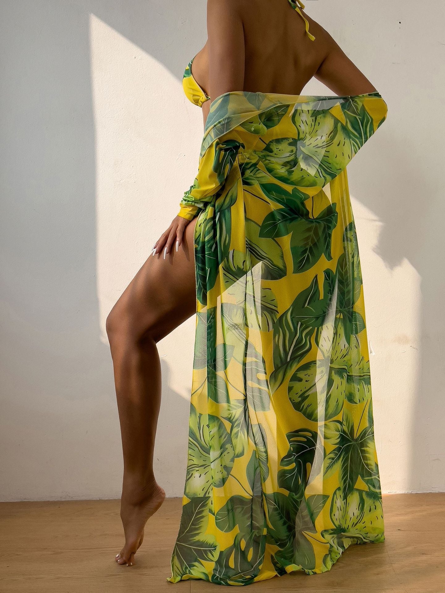 Printed Three Piece Set Mesh Shawl Bikini Swimsuit Swimwear