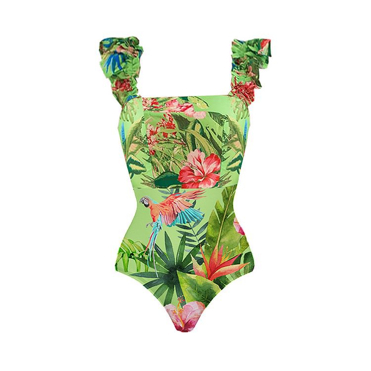 French Flying Sleeve Printed One Piece Swimsuit Women Cake Skirt