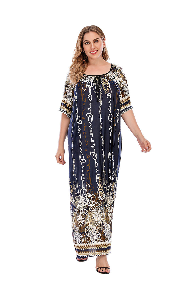 Robe longue ample à manches courtes et imprimé floral pour femme grande taille