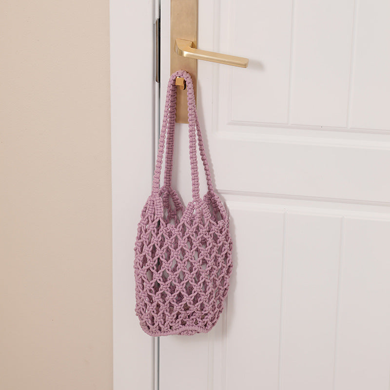 Hollow Out Cutout Cotton Thread Woven Bag Shoulder Handmade Straw Bag Fishing Net Bag Seaside Vacation Beach Bag Women Bag