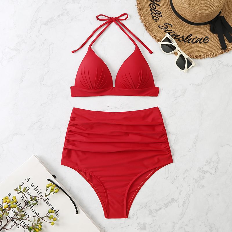 Solid Color Bikini Lace up Triangle Sexy Split Swimsuit Pleated Swimsuit Women