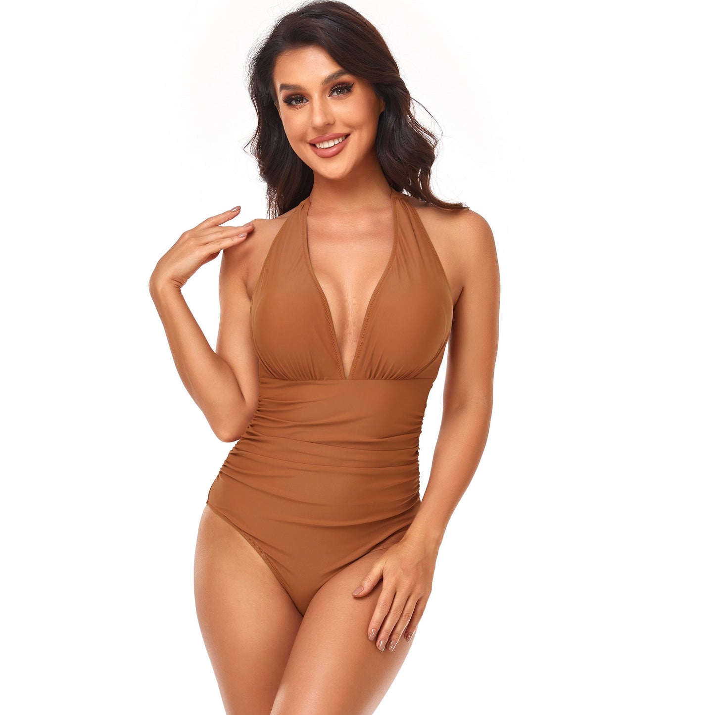 Solid Color One Piece Swimsuit Pleating Halter Swimsuit Popular One Piece Swimsuit