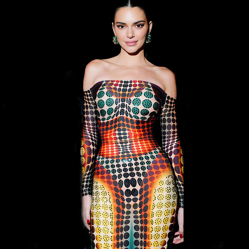 Spring Women Clothing Featured Faux off Neck Stitching Long Sleeve Slim Expansion Dress