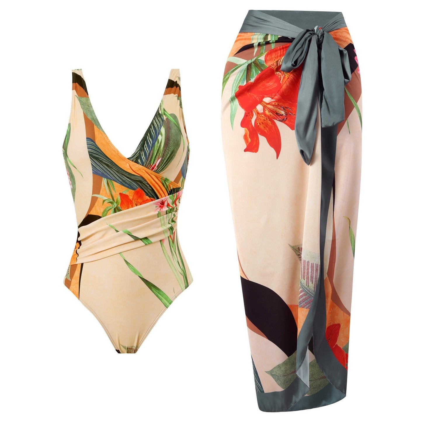 Two Piece Set Swimsuit Cross Belly Covering Printed Backless Sheath Dress Swimsuit
