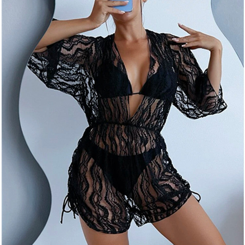Long Sleeve Mesh Corset Swimsuit Women High Waist Drawstring Sun Protective Blouse Three Piece Bikini