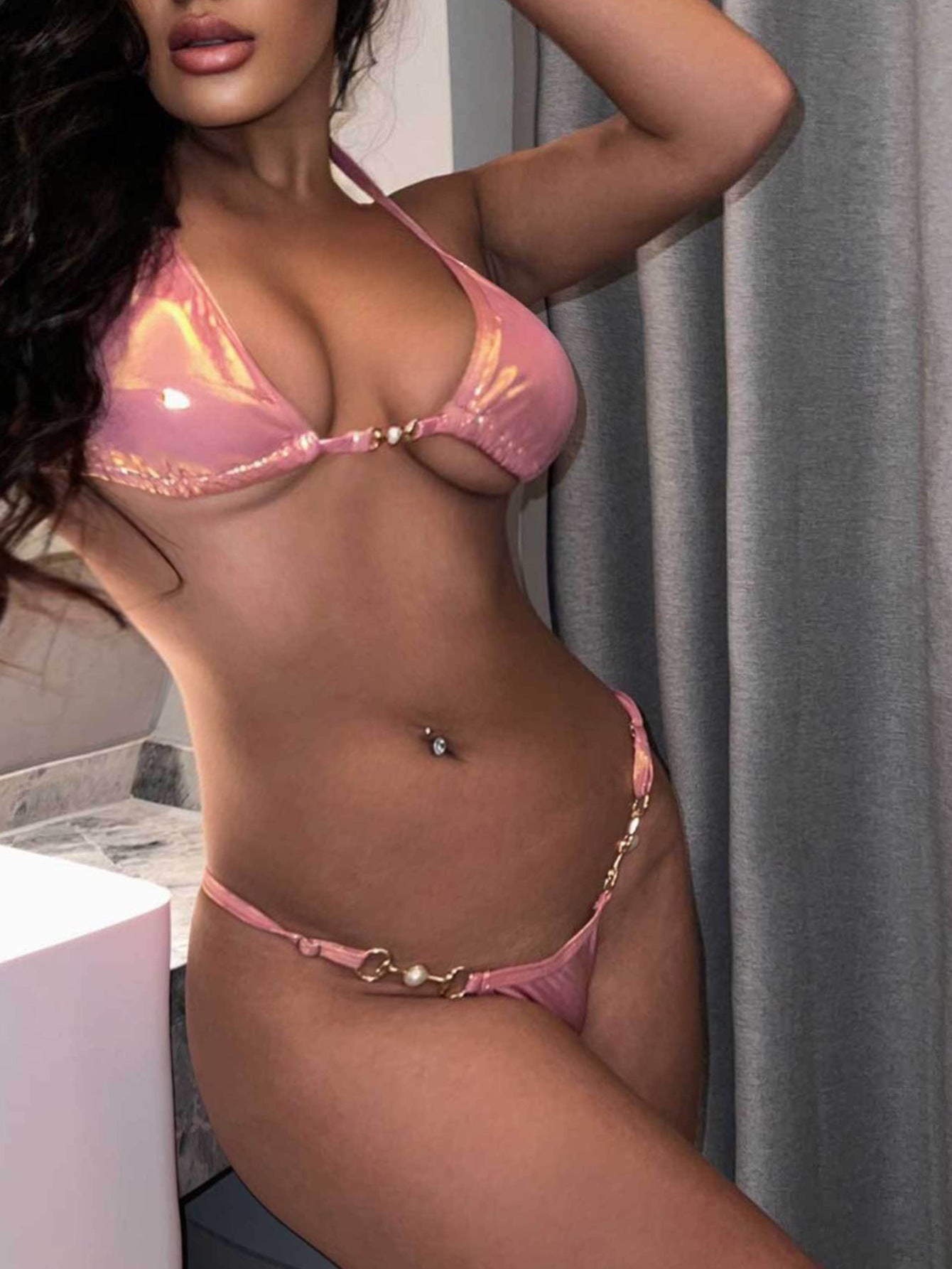 Swimsuit Split Swimsuit Pink Bronze Halter Lace up Sexy Backless Swimsuit Bikini