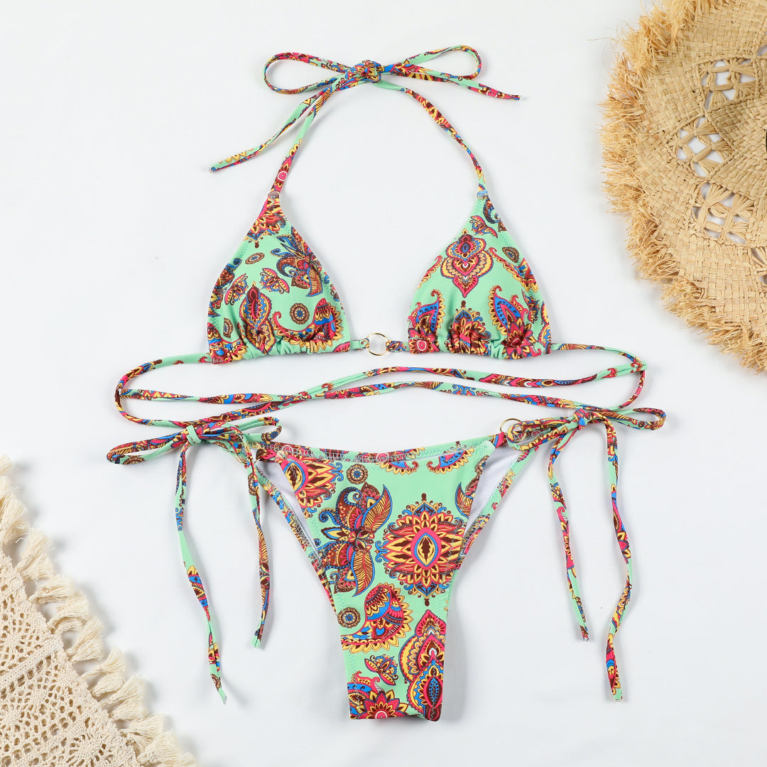 Sexy Printed Backless Split Swimsuit Women Lace up Three Ring Bikini