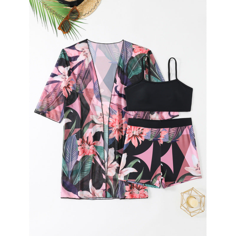 Swimsuit Women Print Casual Vacation Boxers Three Piece Sets Beach Cover up