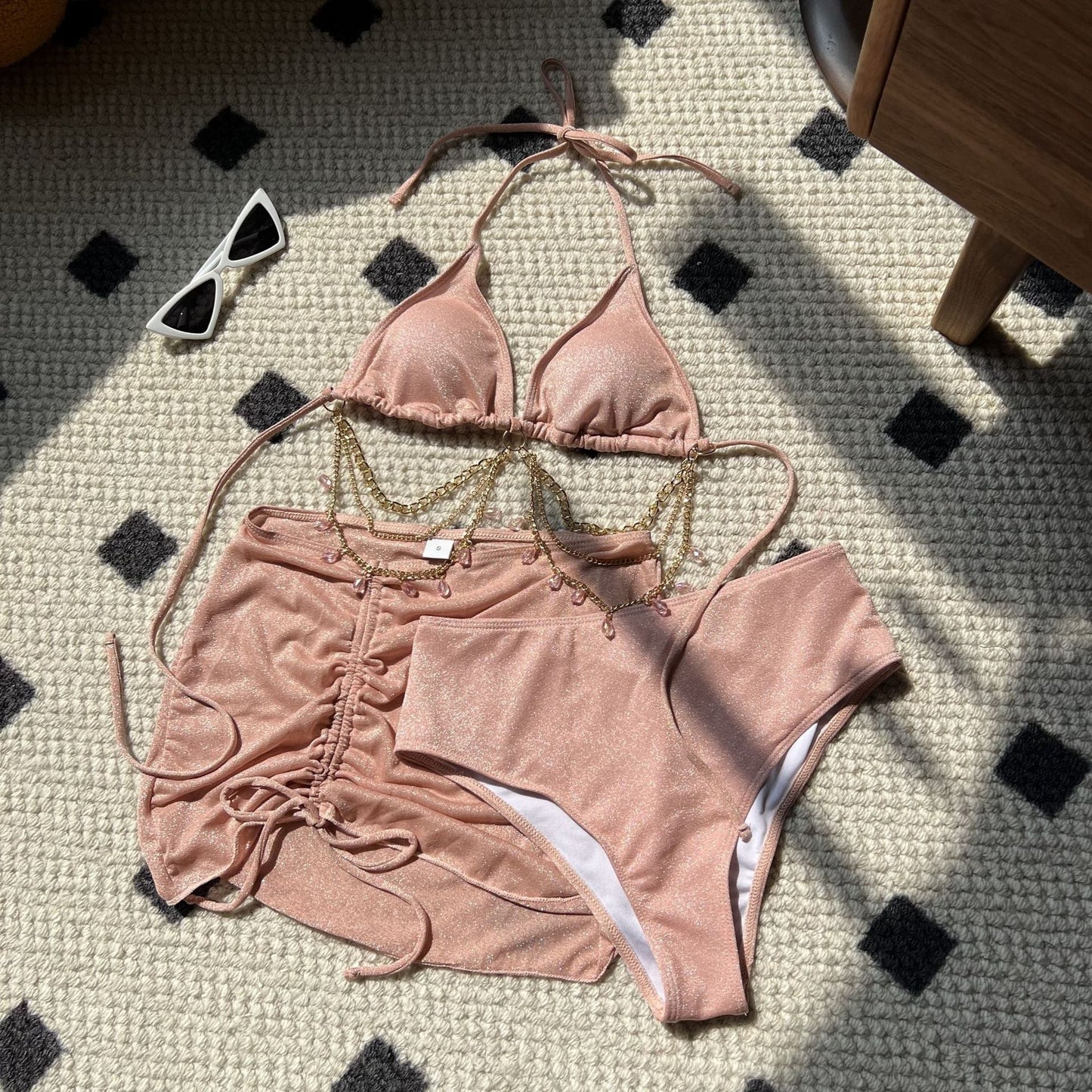 Sexy Drawstring Strap Shiny Cloth Diamond Lanyard Three Piece Swimsuit Bikini