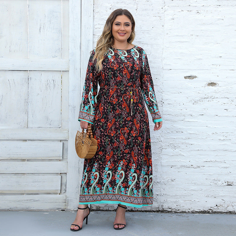 Plus Size Ethnic Loose Maxi Dress Cashew Printed Long Sleeve Dress