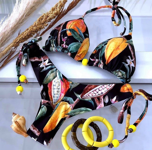 Bikini Digital Printed Sexy Lace Up Halterneck Triangle Split Swimsuit Women