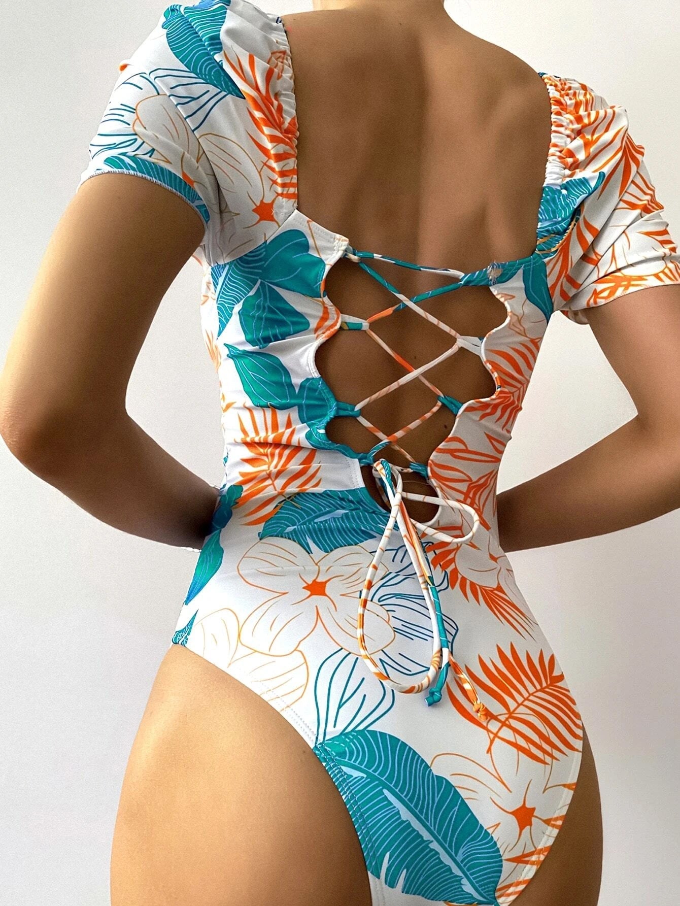 Swimsuit Women Printed Floral Triangle One Piece Printed Bikini Tied Swimsuit