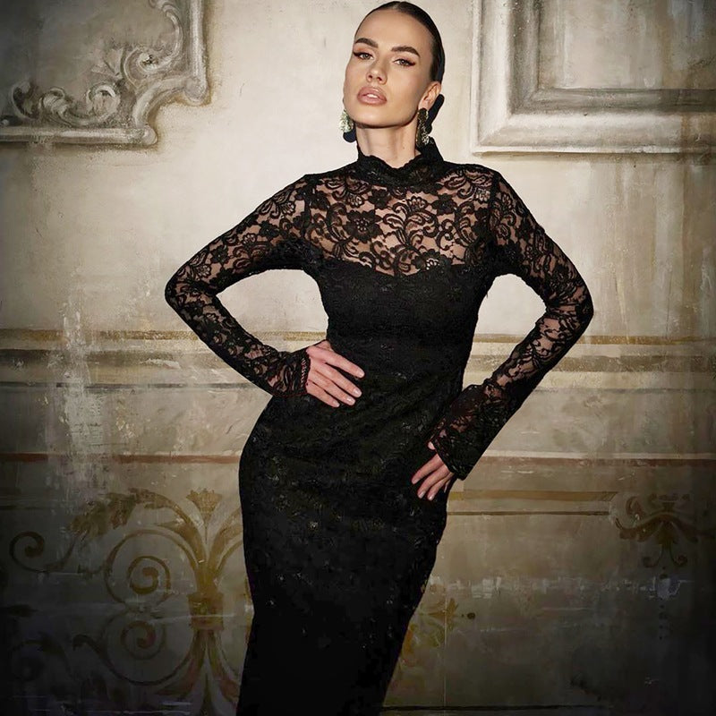 Women Clothing Summer Sexy Lace Stitching Slim Long Sleeve Dress