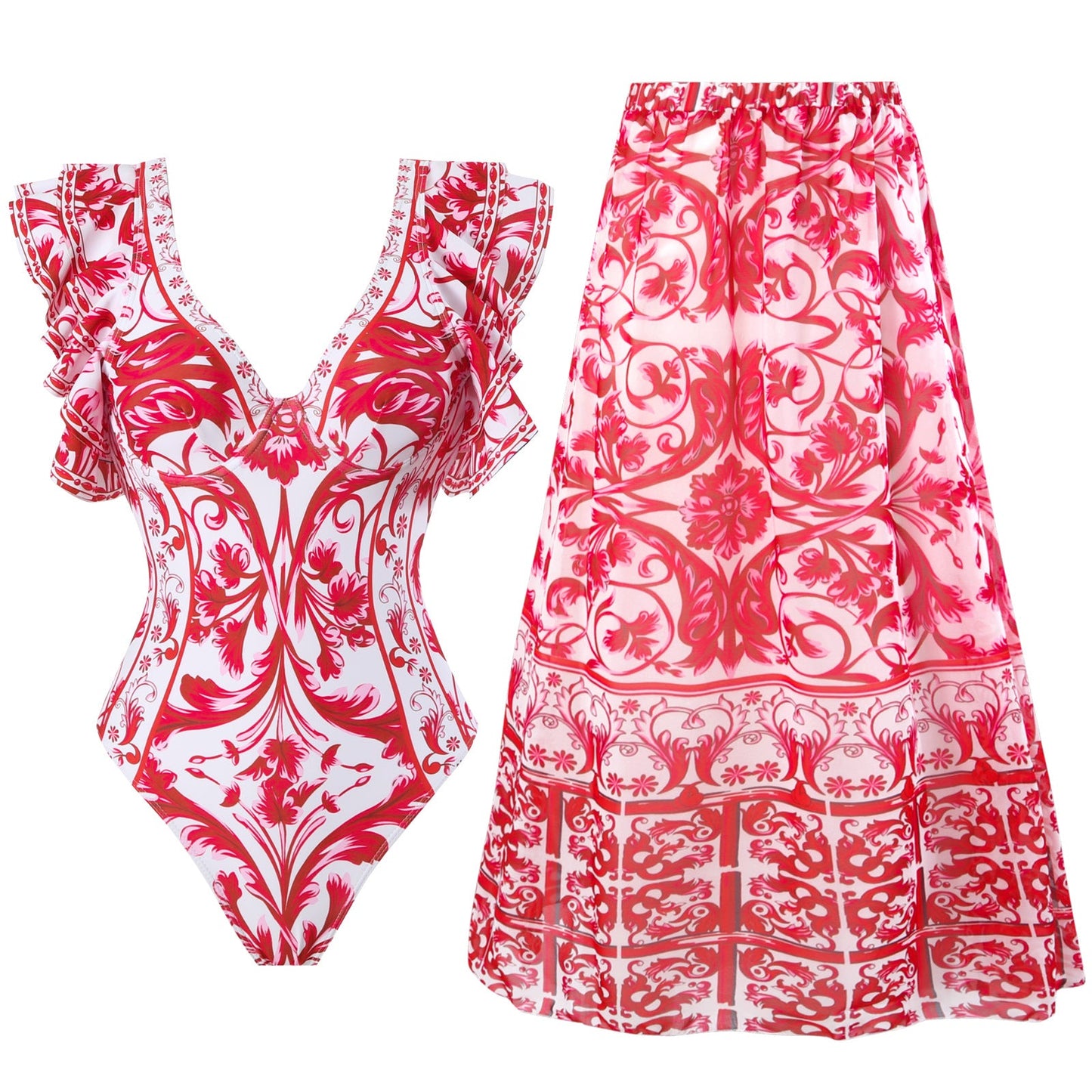 Spring Sexy Swimsuit Women Conservative Warm Printed Swimsuit Wrap Skirt Set