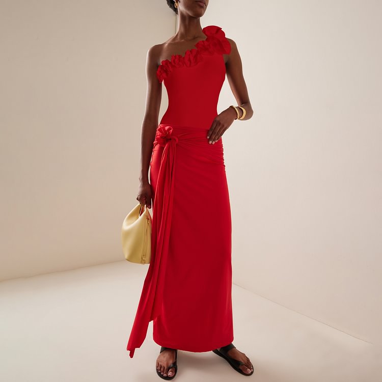 Red Oblique Shoulder Floral Decoration One Piece Swimsuit Women Clothing