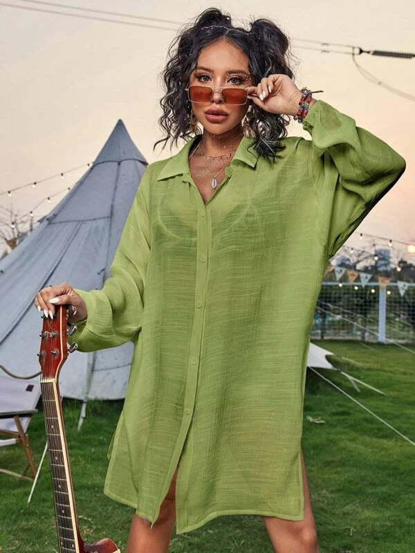 Cotton Long Sleeved Shirt Beach Cover up Vacation Sun Protection Shirt Bikini Swimsuit Outwear Cardigan